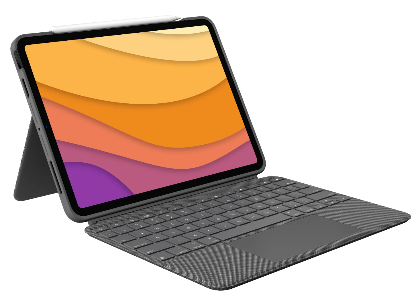 Tablet billentyűzet tokkal és stylusszal, narancs és lila háttérrel.