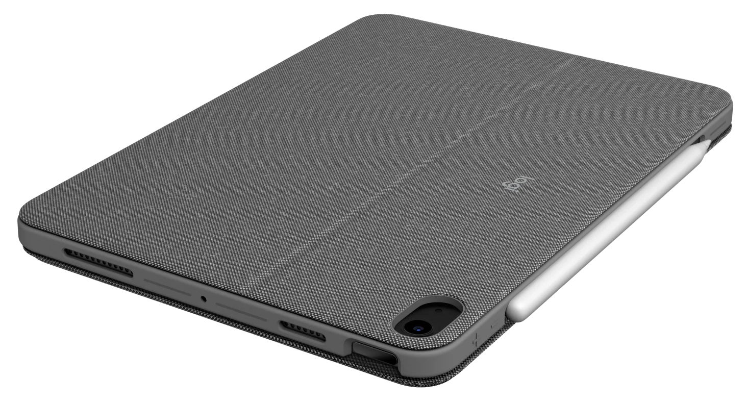 Szürke tablet szürke tokkal és fehér tollal fekete háttéren.