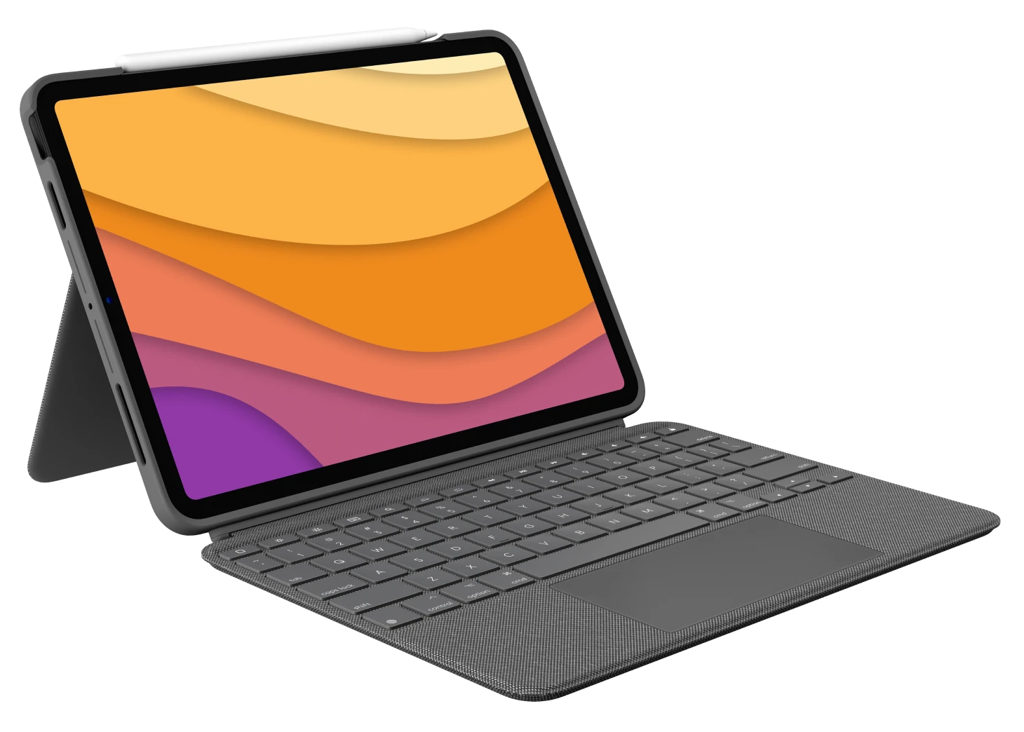 Tablet billentyűzettel és tollal. A képernyő színes átmenetet mutat. Fekete háttér.