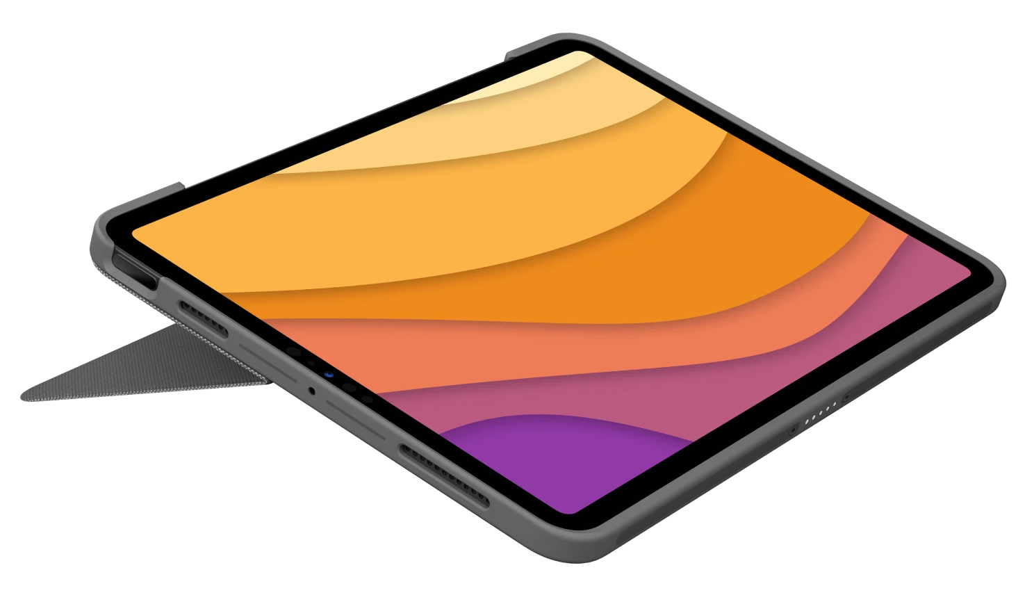 Egy tablet sötétszürke tokkal és színes, absztrakt háttérrel a képernyőn.