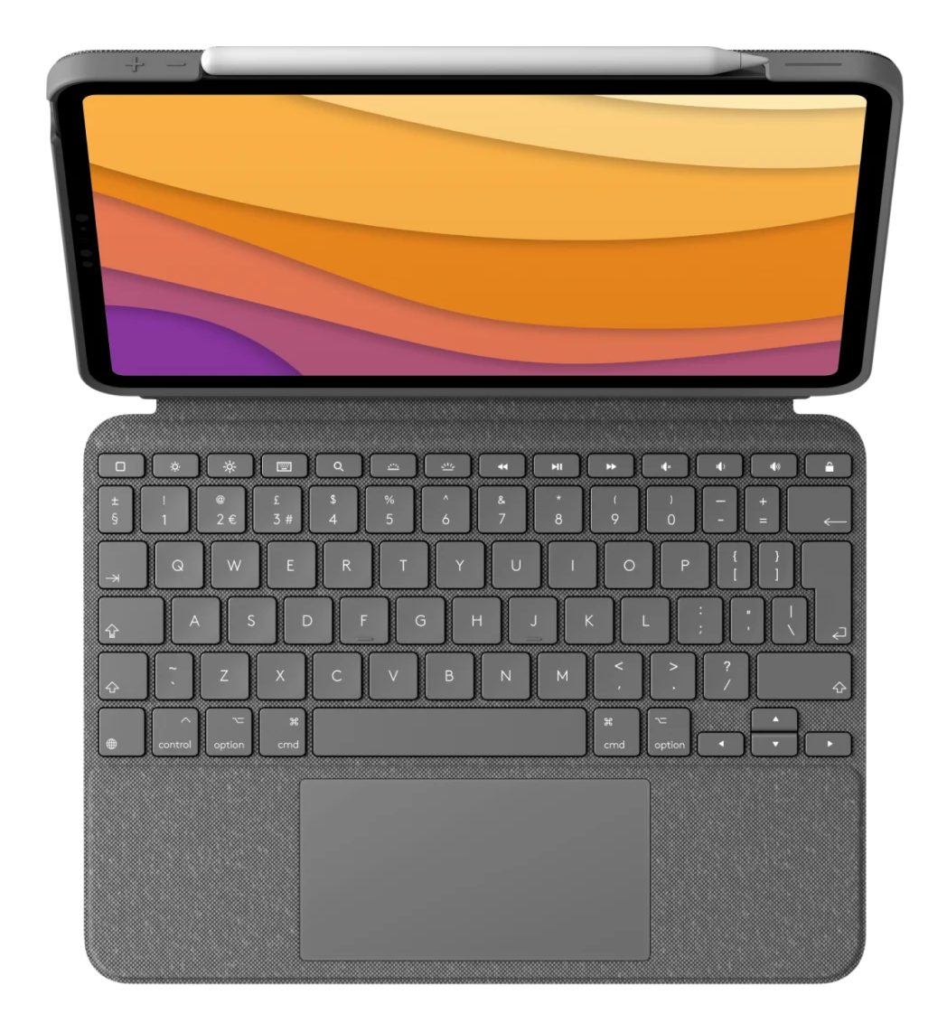 Tablet billentyűzettel. A képernyő narancs és lila hátteret mutat, felül egy tollal.