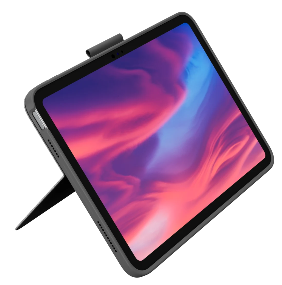Szürke tablet rózsaszín és kék háttérrel a képernyőn. Szögben, fekete felületen.