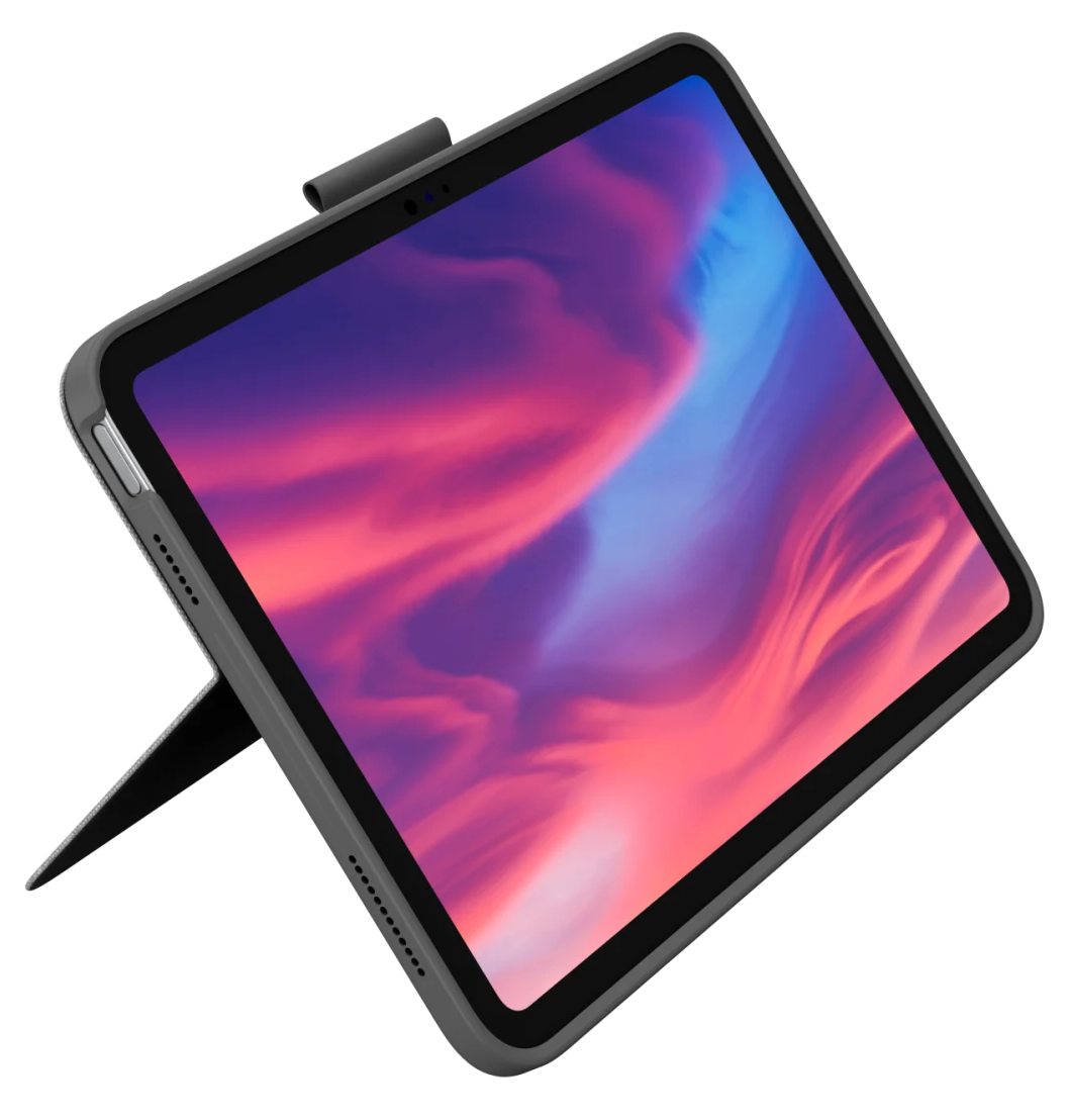 Tablet állvánnyal, képernyő élénk, színes képet mutat sötét háttéren.