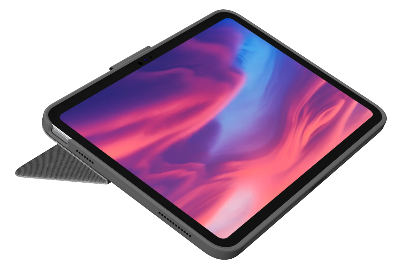 Egy iPad egy szürke tokban, színes képernyővel.