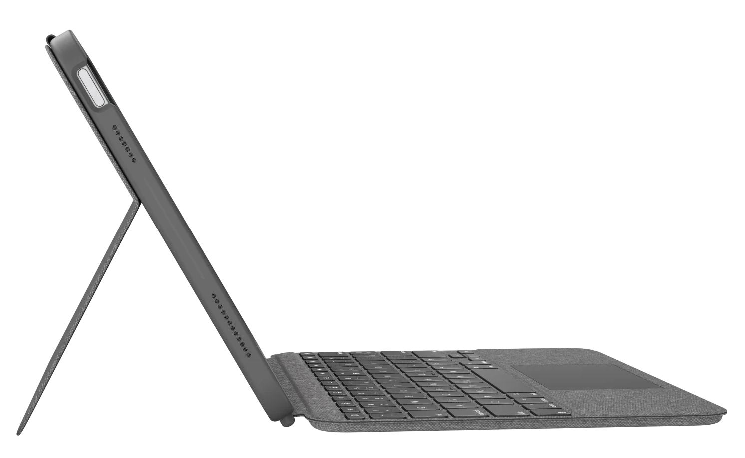 Sötétszürke tablet billentyűzet tokkal, nyitva, fekete felületen.