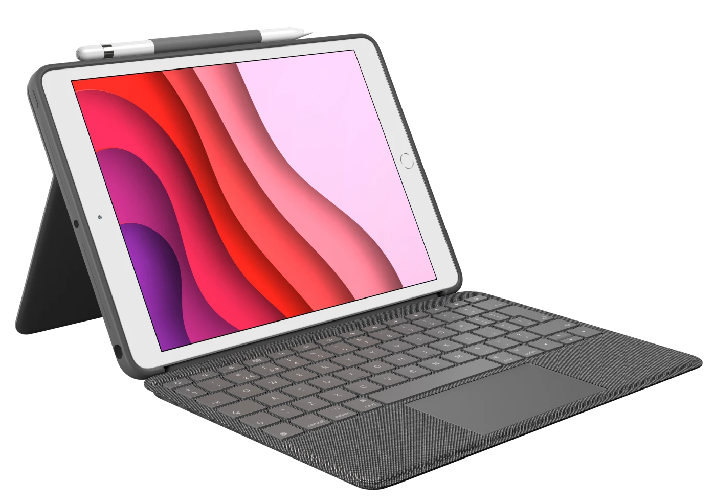 Egy iPad billentyűzet tokkal és ceruzával egy fekete felületen.