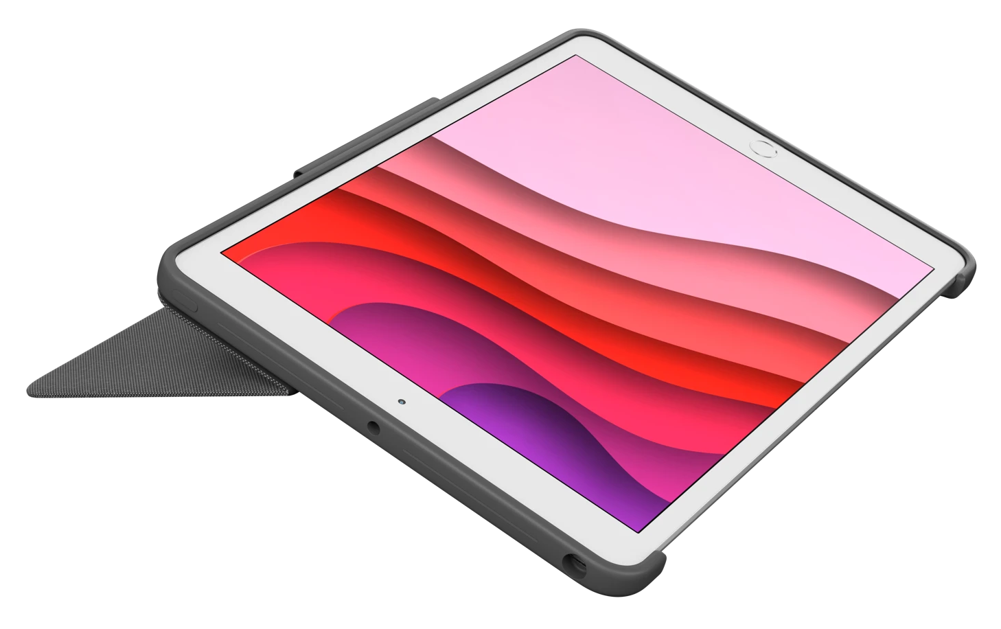 Egy tablet szürke tokban, amely egy színes, rétegzett absztrakt képet jelenít meg.