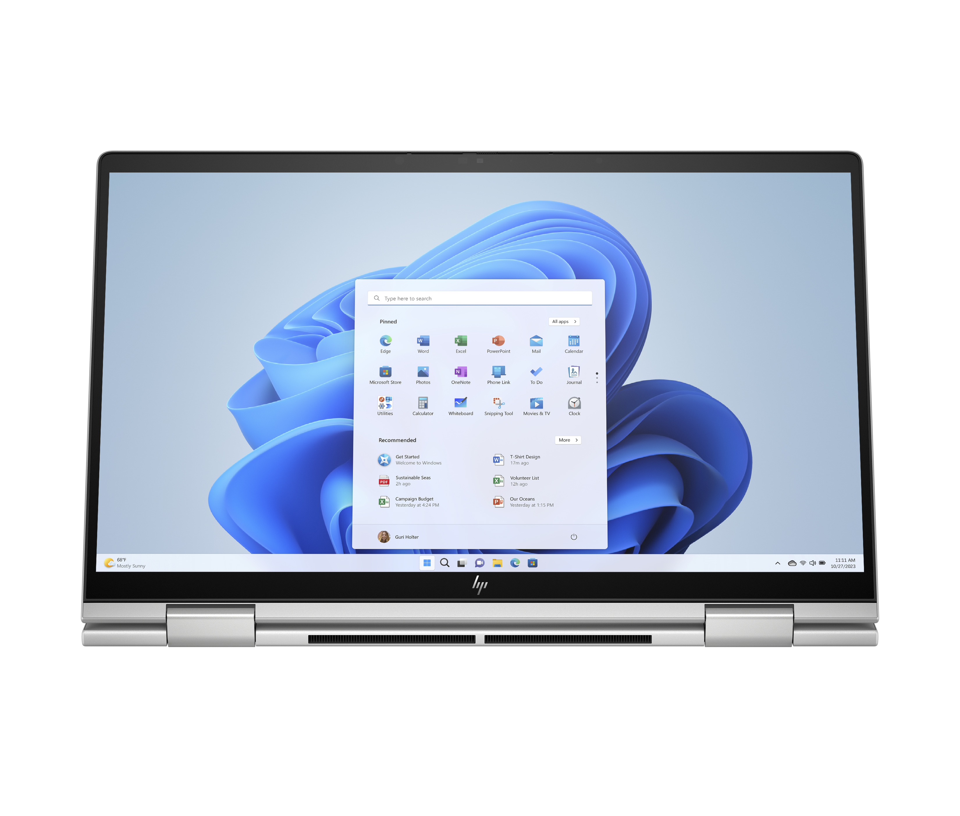 Mavi ve beyaz bir arka plan ve açık başlangıç menüsü ile Windows 11 arayüzünü gösteren dizüstü bilgisayar.
