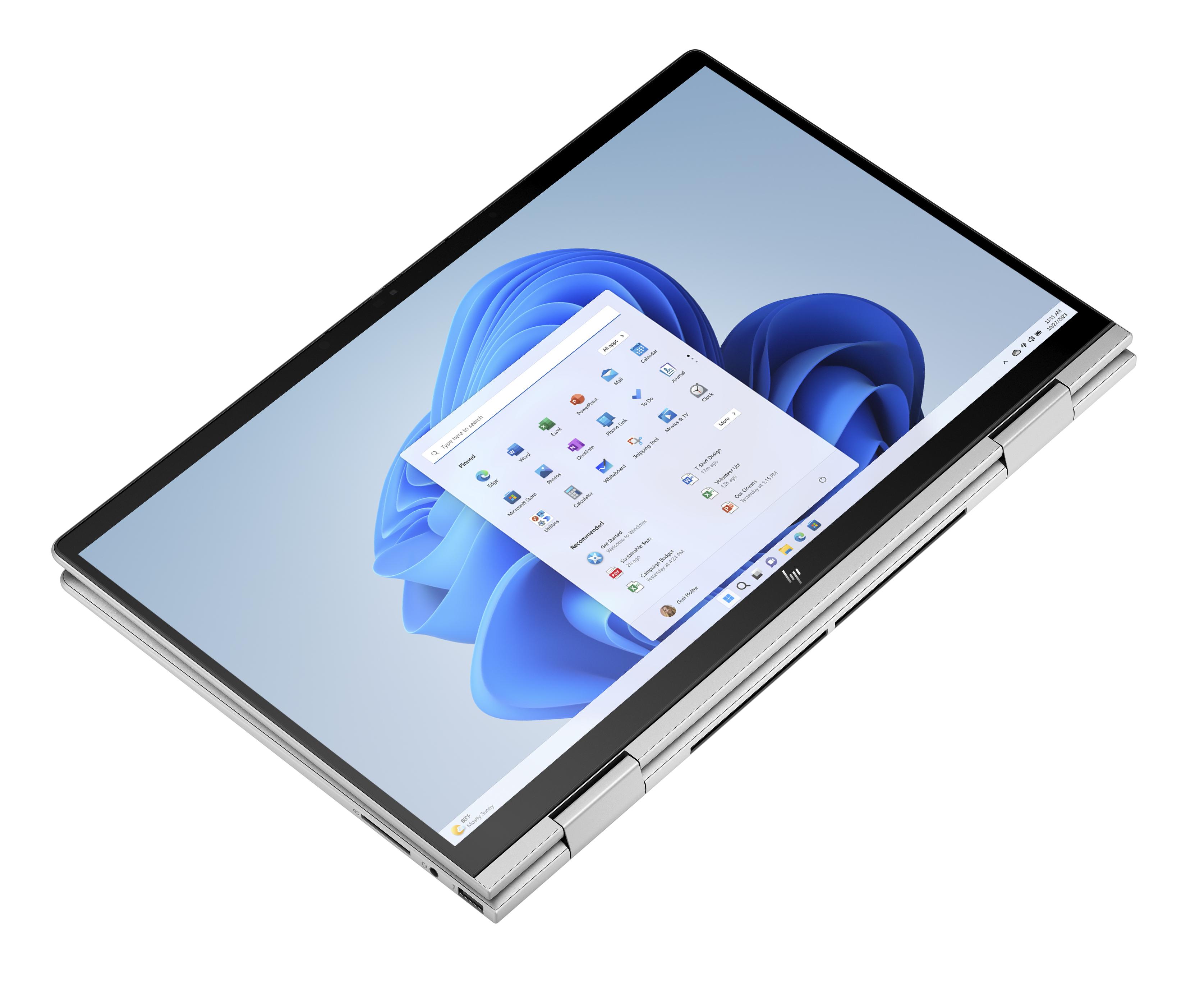 Windows 11 arayüzü, açılı görünüm, gümüş gövde ve siyah çerçeveli açık dizüstü bilgisayar.