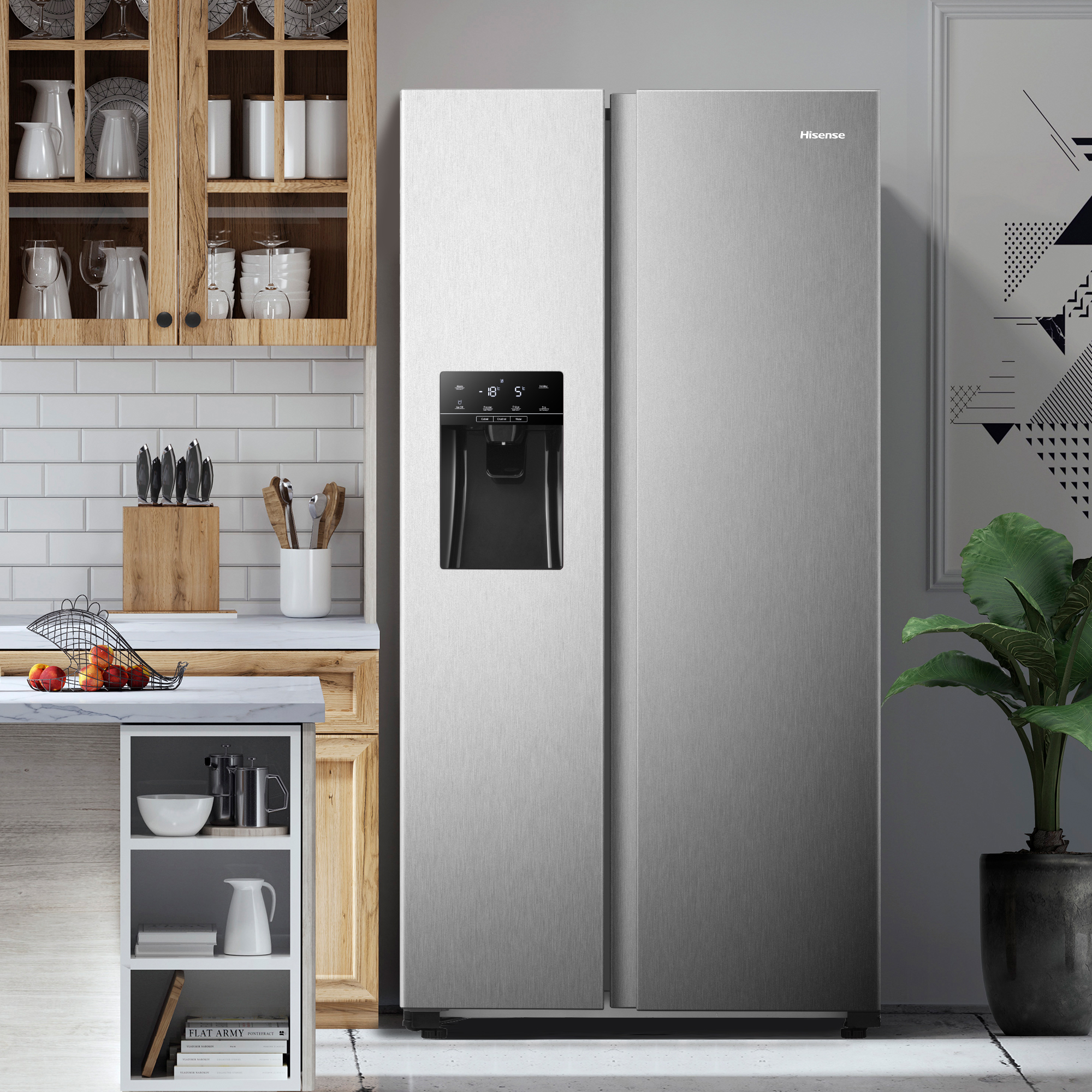 Refrigerador de acero inoxidable con dispensador de agua negro.