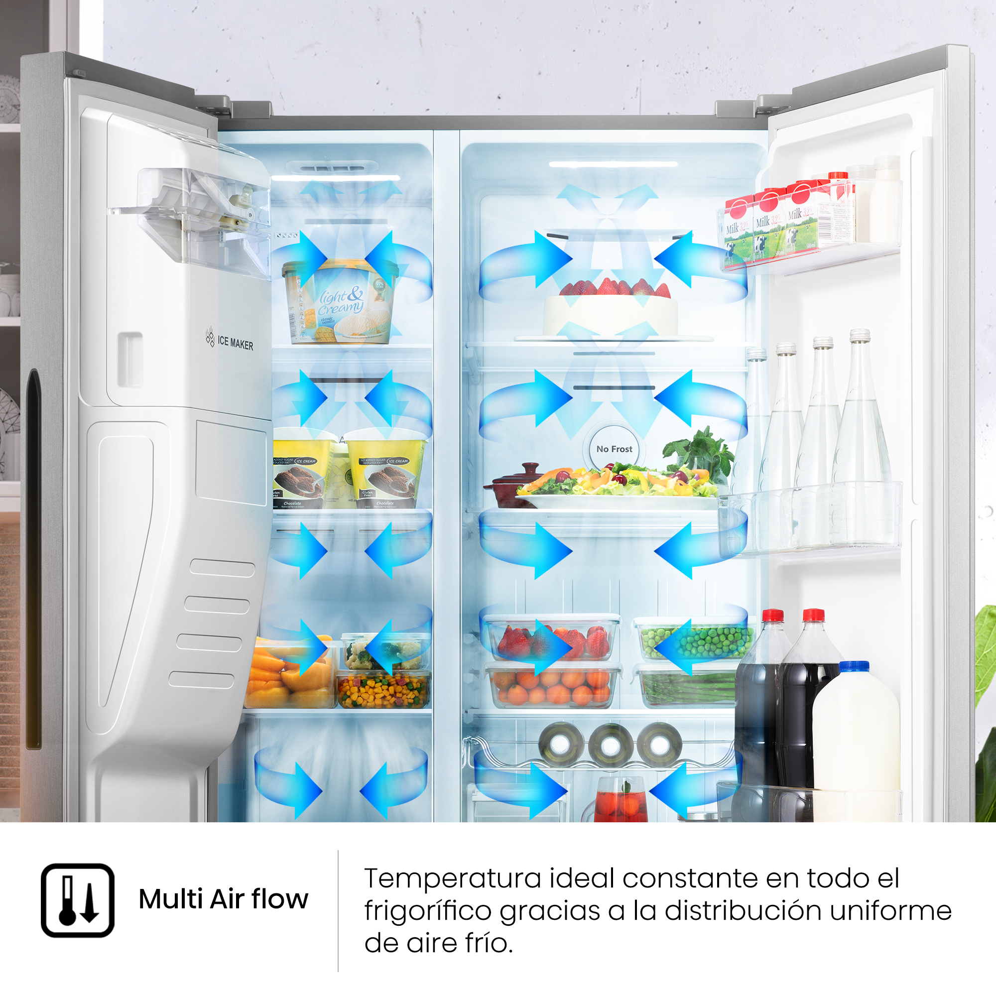 Refrigerador abierto que muestra estantes de comida y flechas de flujo de aire.