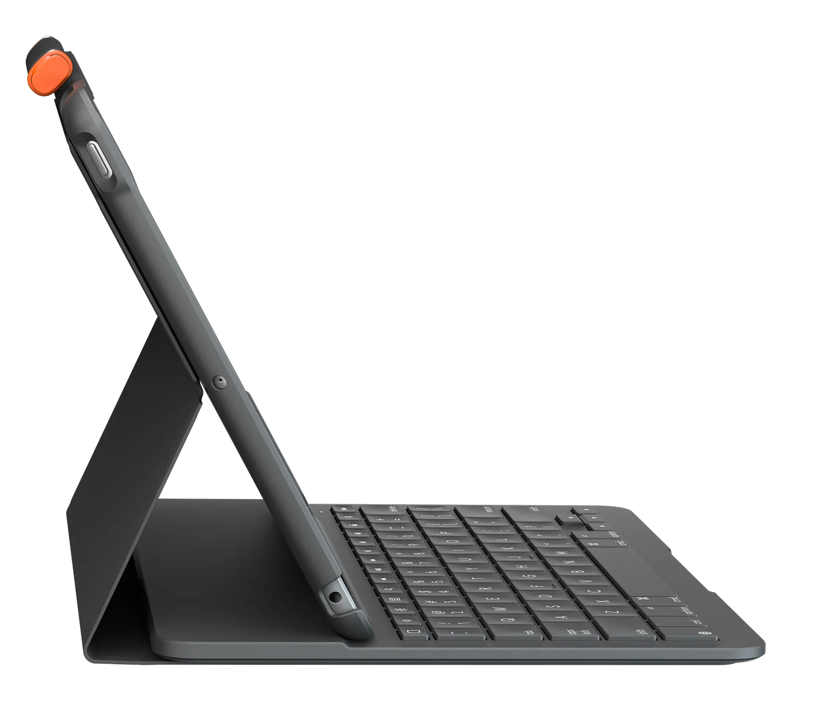 Egy szürke tablet billentyűzet tokkal, fekete felületre támasztva.