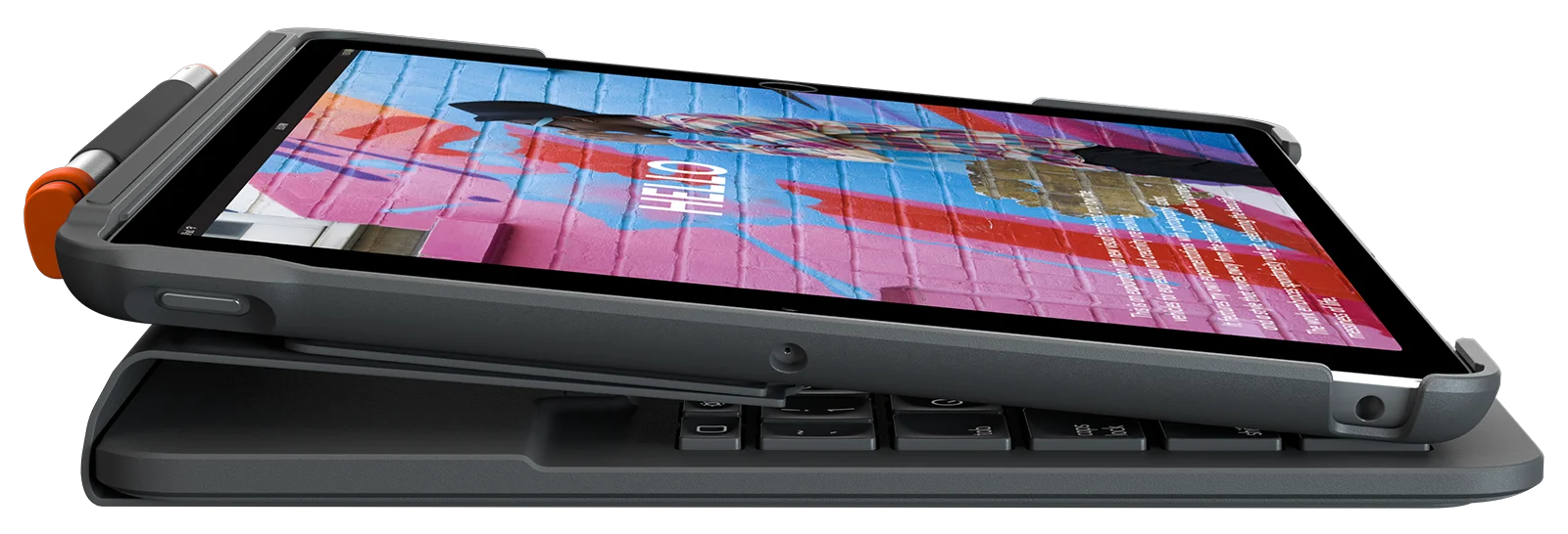 Tablet szürke tokban és billentyűzettel, képernyőn graffiti művészet látható.