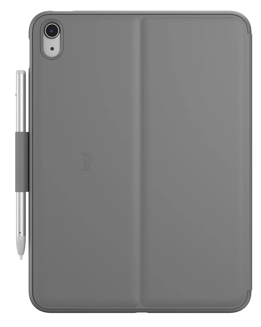Szürke tablet a széléhez rögzített tollal.