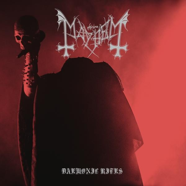 Albumcover von 'Mayhem' mit einer Figur, die einen Schädel hält, roter Hintergrund.