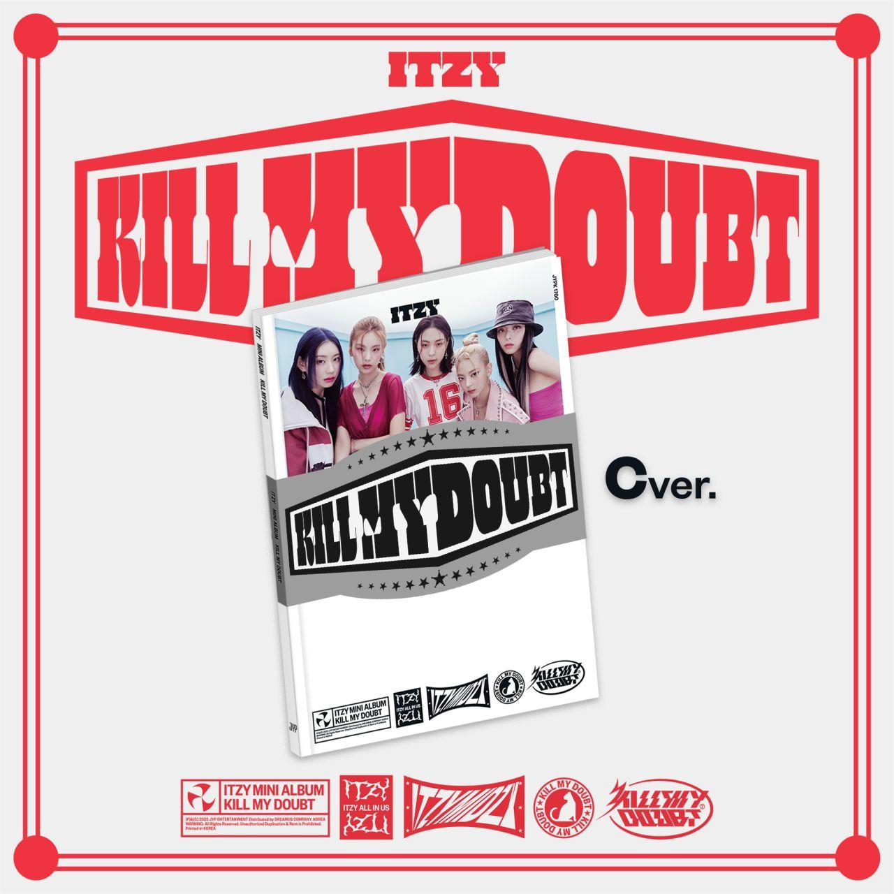ITZY-Albumcover. Fünf Mädchen auf dem Albumcover mit rotem Text.