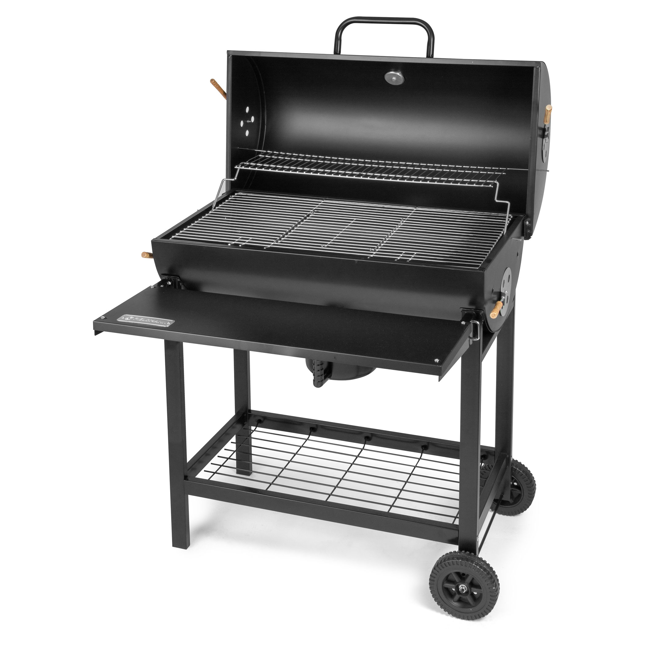 Egy fekete grill nyitott fedéllel és asztallal.