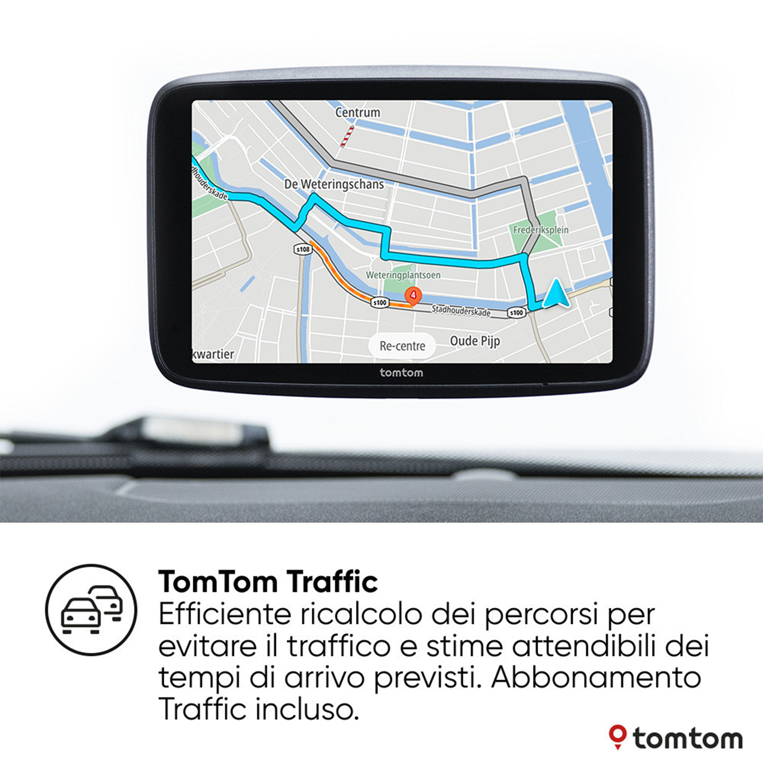 Schermo del dispositivo GPS TomTom che mostra una mappa con dettagli del percorso e testo.