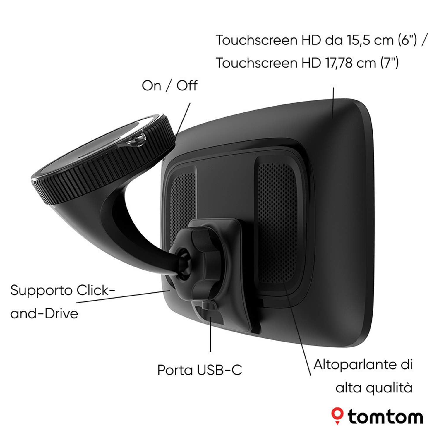 Dispositivo GPS nero con touchscreen e supporto, etichettato con testo.