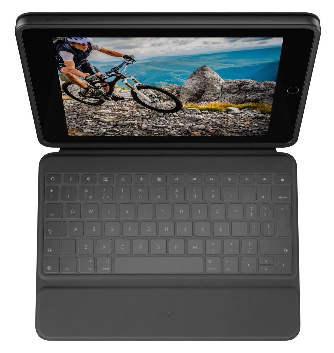 Egy tablet billentyűzet tokkal és egy hegyikerékpározó fotójával.