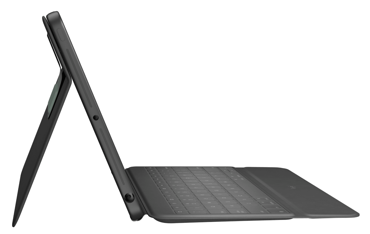 Sötétszürke tablet billentyűzettel, fekete háttér előtt, szögben.