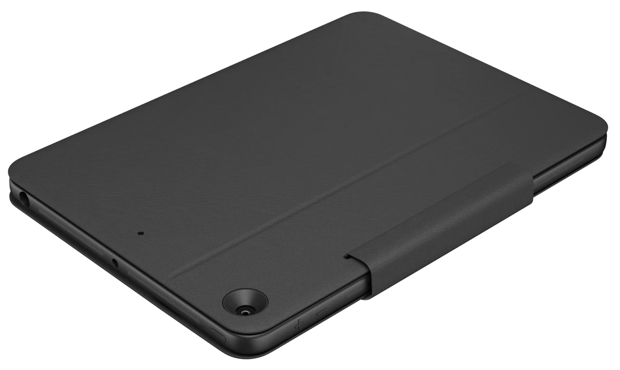 Egy fekete tablet egy fekete tokban. A tok zárva van, a kamera és a portok oldalát mutatja.