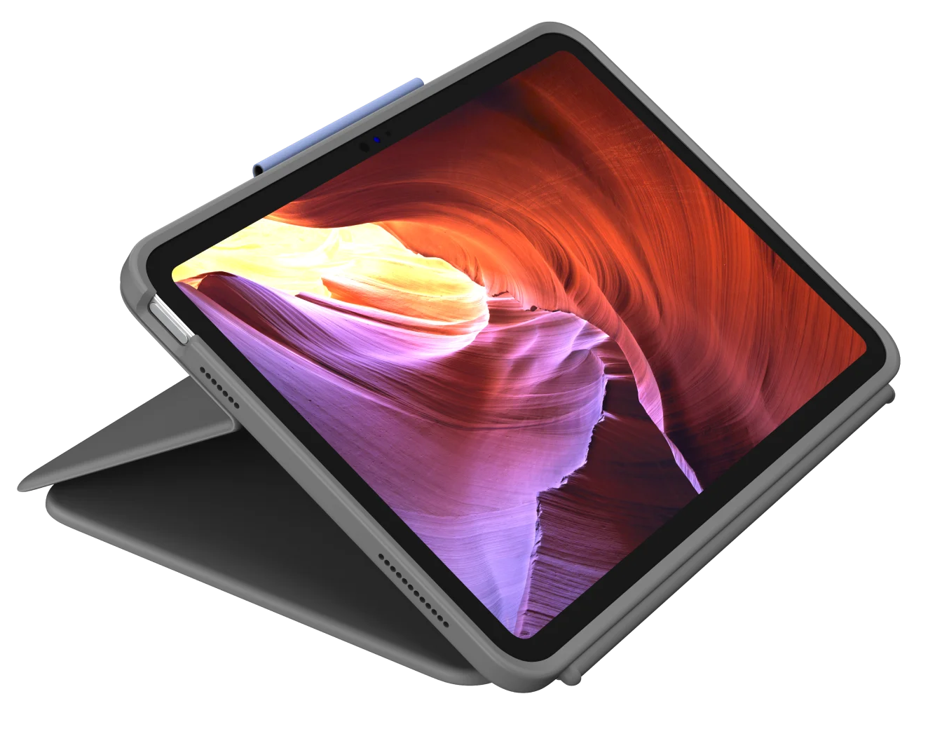 Szürke tablet tokkal, fekete felületen nyitva. A képernyőn színes kép látható.