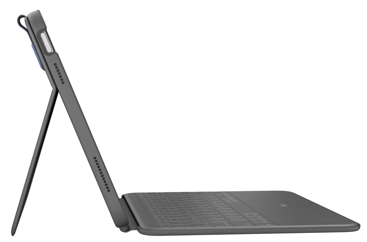 Szürke tablet billentyűzet tokkal, oldalnézetből, nyitva.