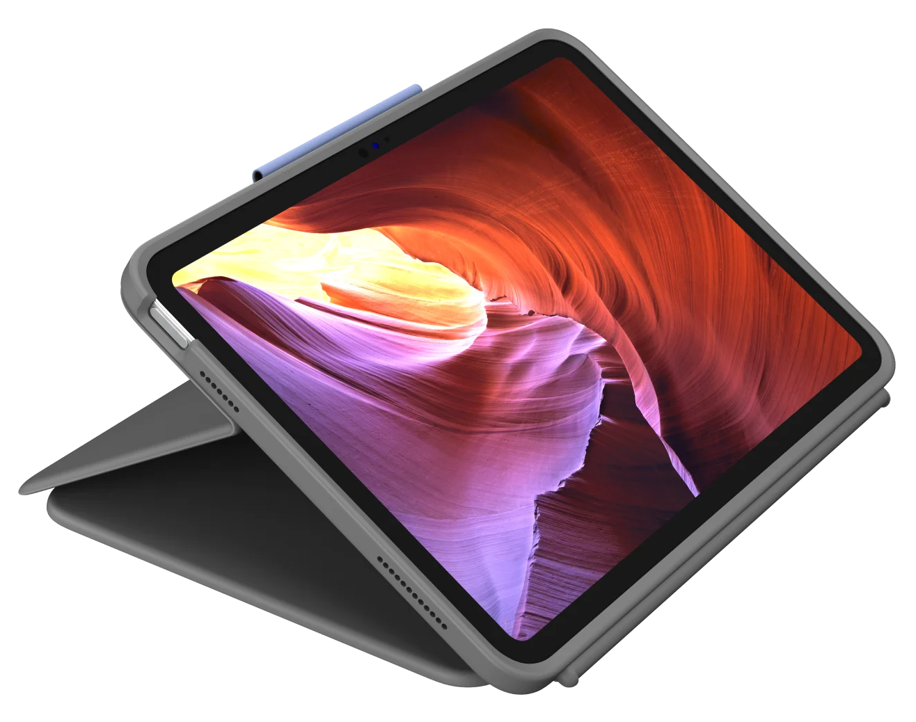 Egy nyitott tablet tokban, tájkép látható. A tok szürke és fekete háttér előtt van.