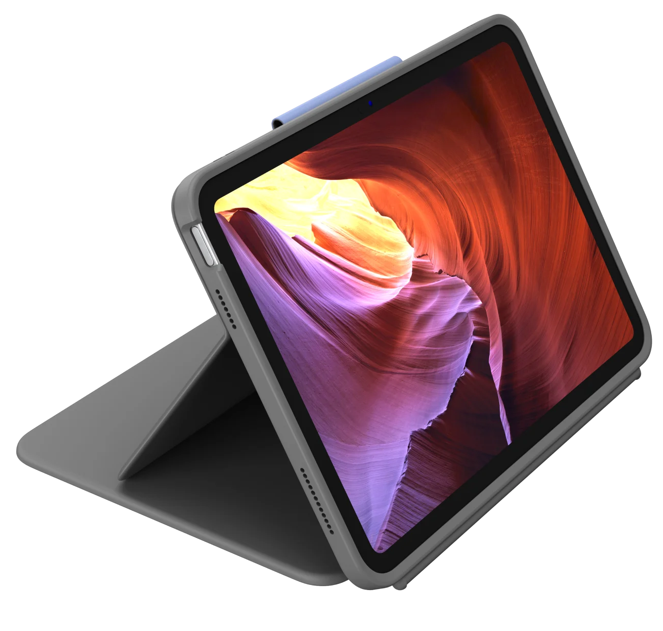 Tablet szürke tokban, kinyitva, hogy egy absztrakt tájkép látszódjon vörös és lila árnyalatokkal.