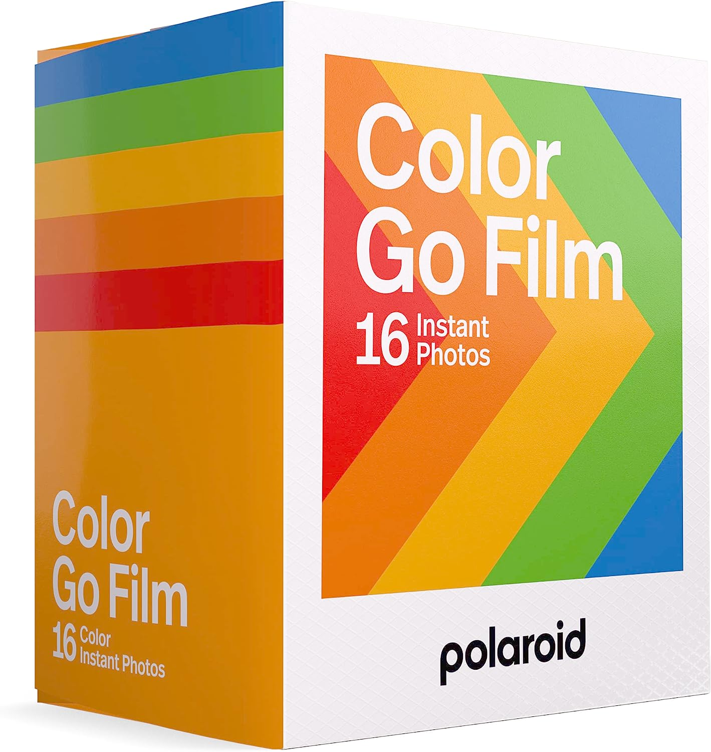 Polaroid Color Go Film kutusu. Turuncu, kırmızı, sarı, yeşil ve mavidir. Kutunun üzerindeki metin.