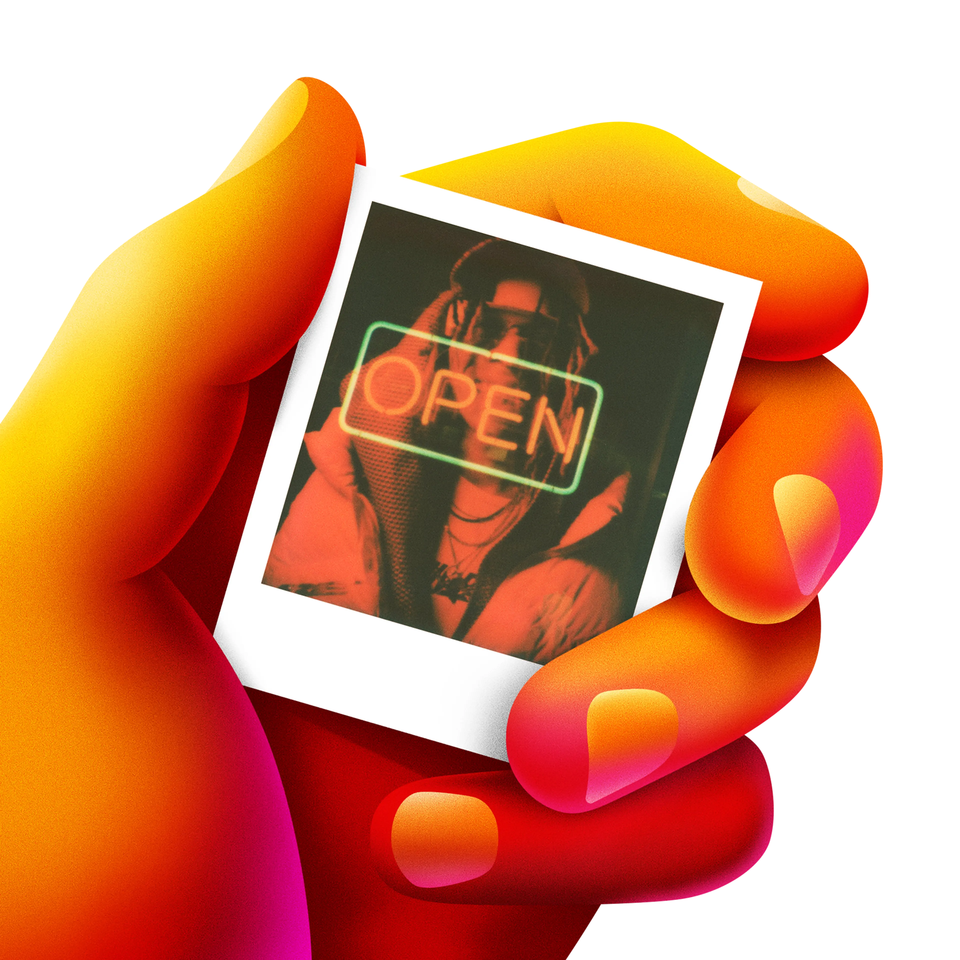 El tutan Polaroid foto, içinde bir kişi var. Fotoğrafta neon 'OPEN' tabelası var.