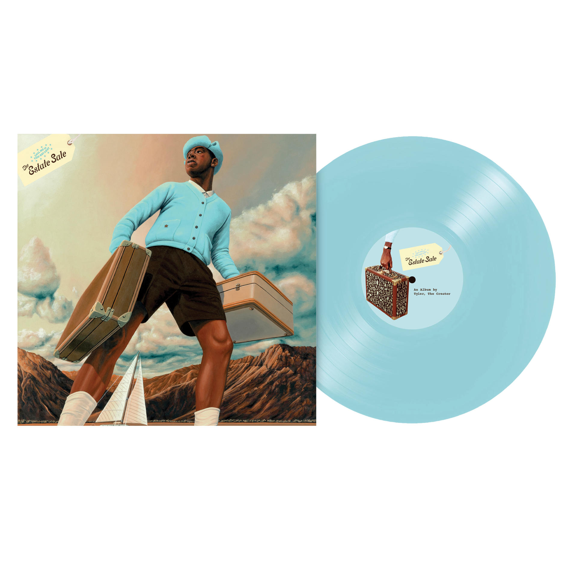 Blaue Schallplatte und Albumcover mit Mann, der Koffer hält.