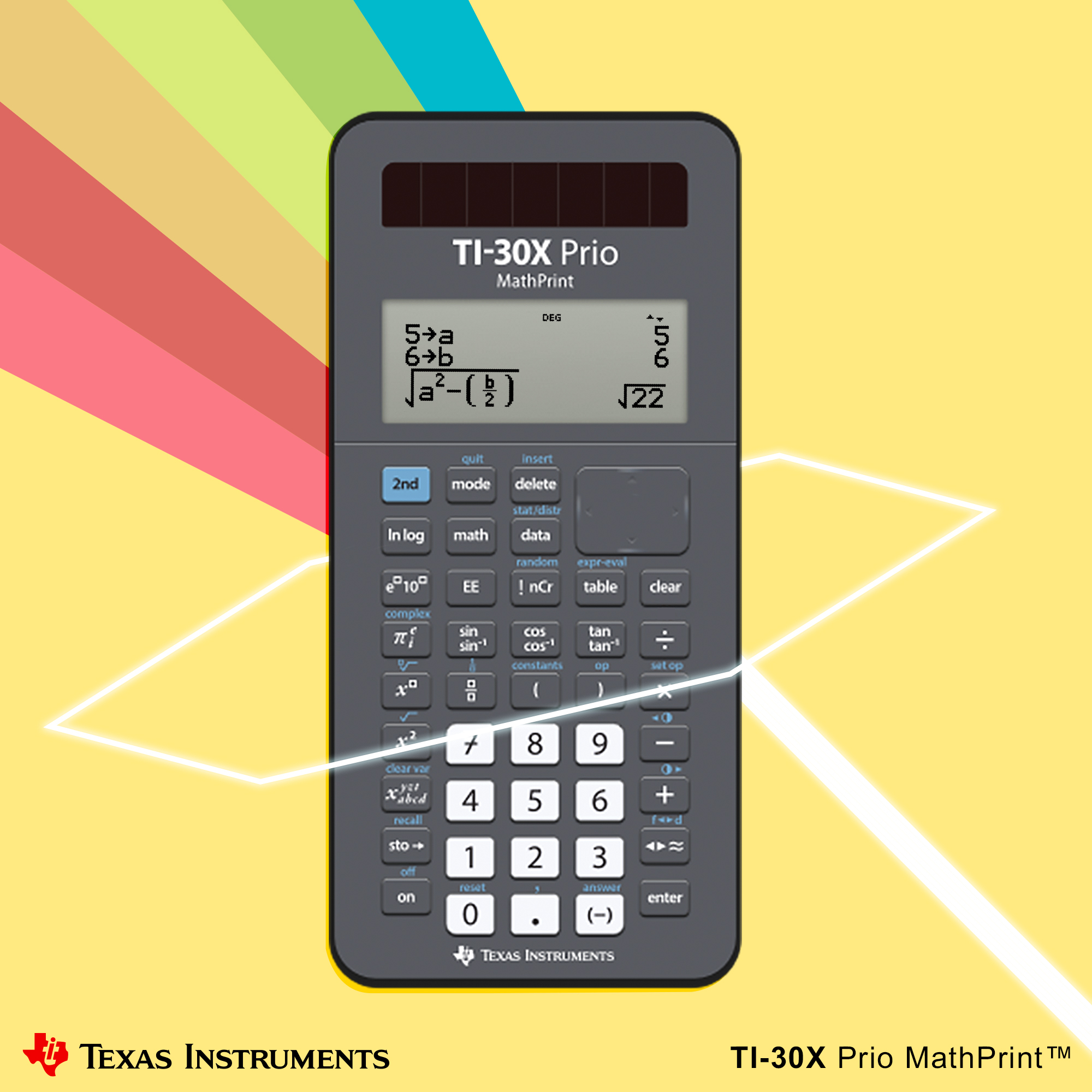 TI-30X Prio-Taschenrechner mit einer mathematischen Gleichung auf dem Bildschirm.