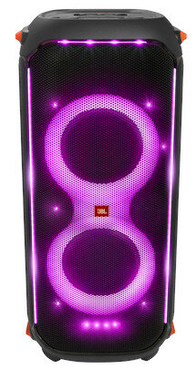 Duży czarny głośnik z oświetleniem RGB, z marką JBL pośrodku.