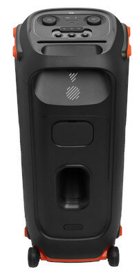 Czarny głośnik, widok z przodu. Pomarańczowe akcenty, elementy sterujące na górze. Białe tło.