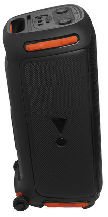 Czarny i pomarańczowy głośnik przenośny z uchwytem, przyciskami i kołami. Widoczne logo JBL.