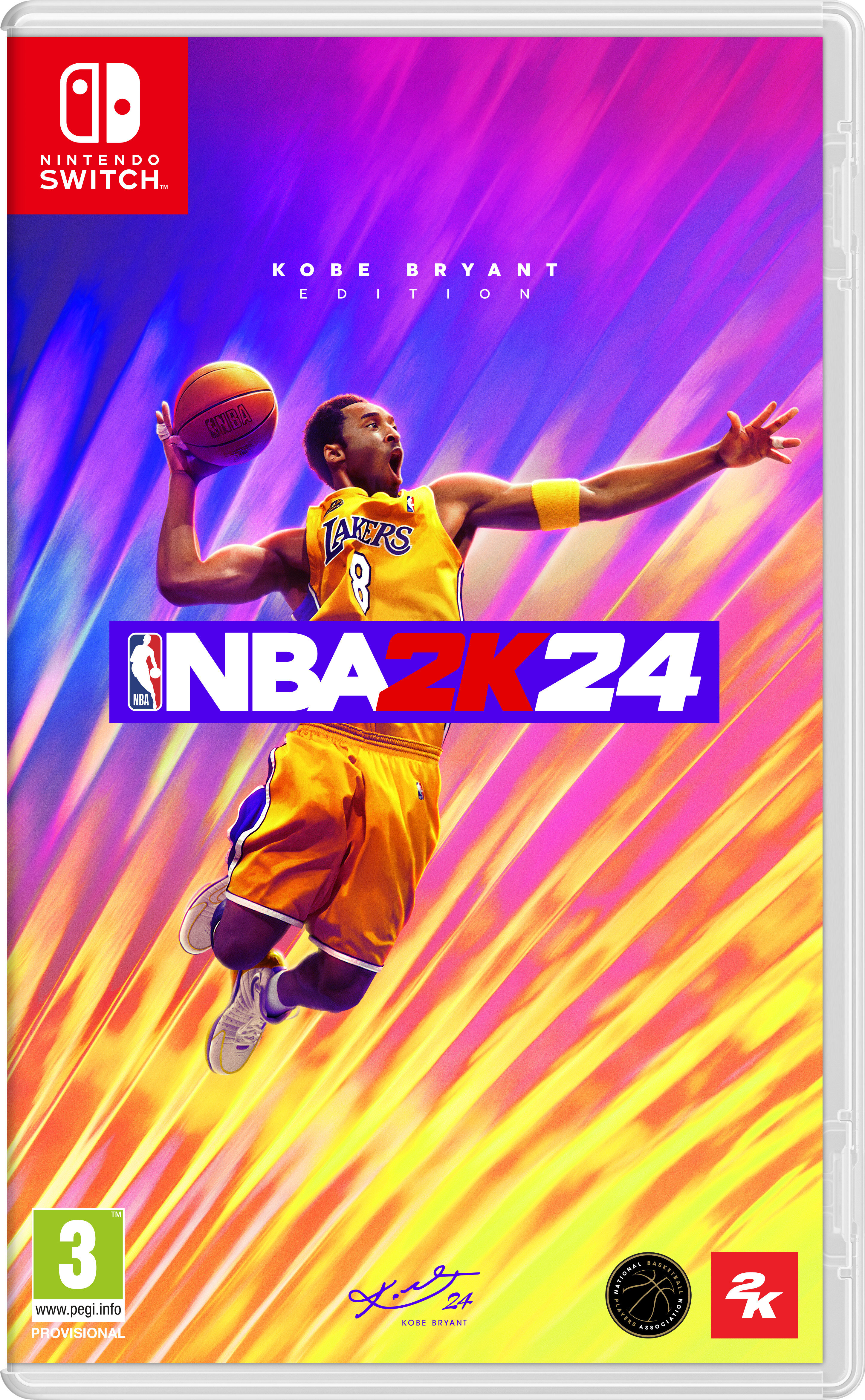 Pudełko gry Nintendo Switch z Kobe Bryantem w koszulce Lakers, zatytułowane NBA 2K24.
