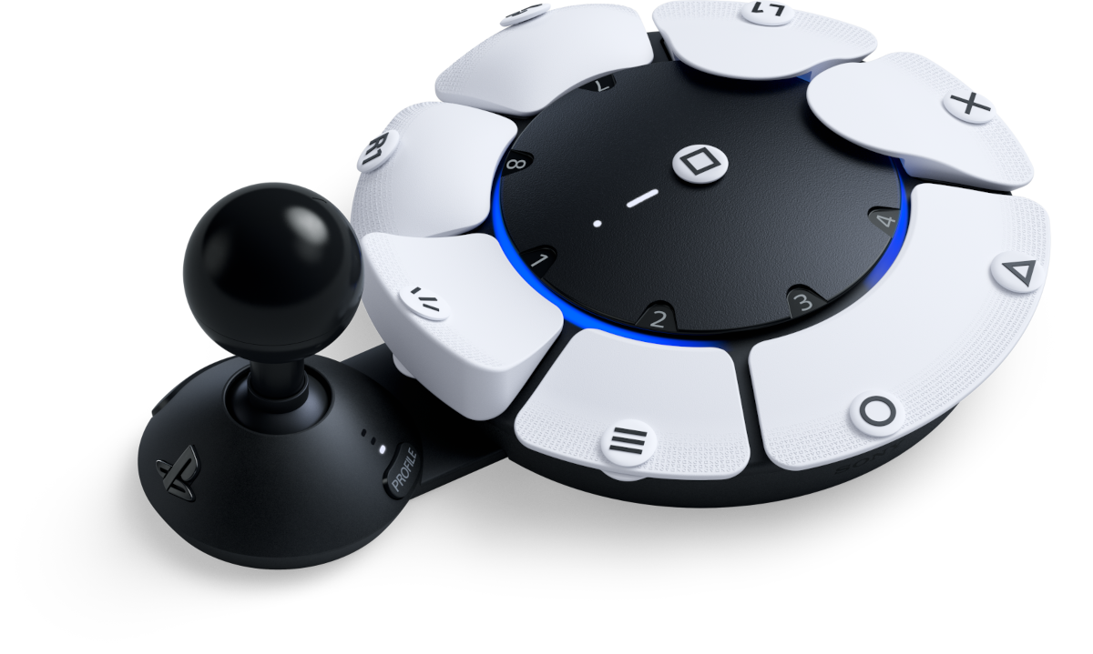 Fekete-fehér PS5 kontroller gombokkal. Joystick és több gomb egy központi korong körül.