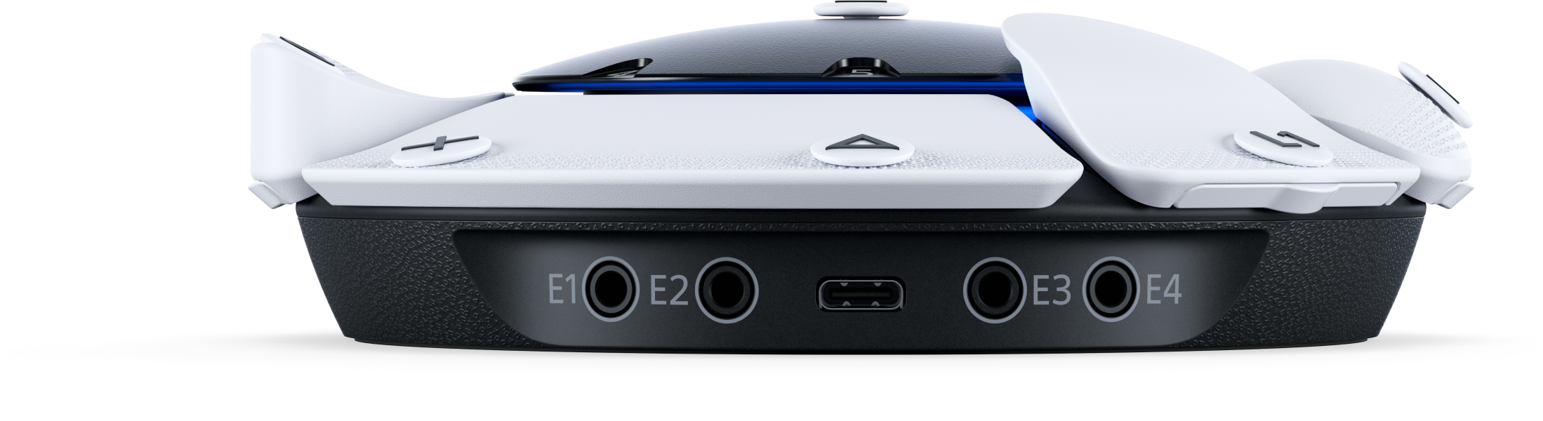 Fehér PlayStation 5 média távirányító hátulnézete portokkal.