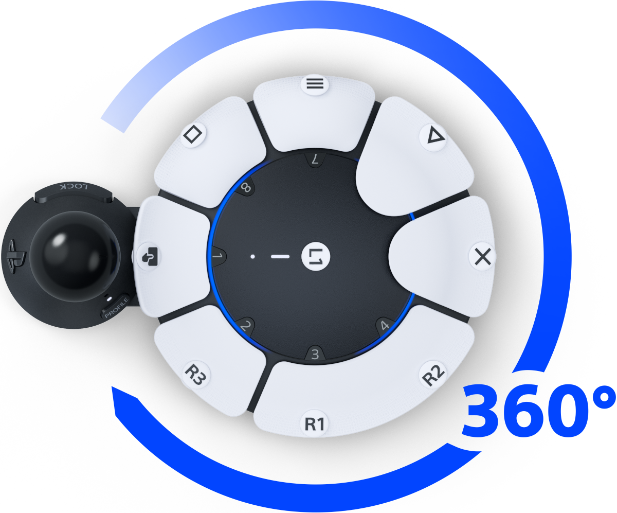 Egy kör alakú vezérlő gombokkal és egy trackball-lal, körülötte egy kék 360°-os ívvel.