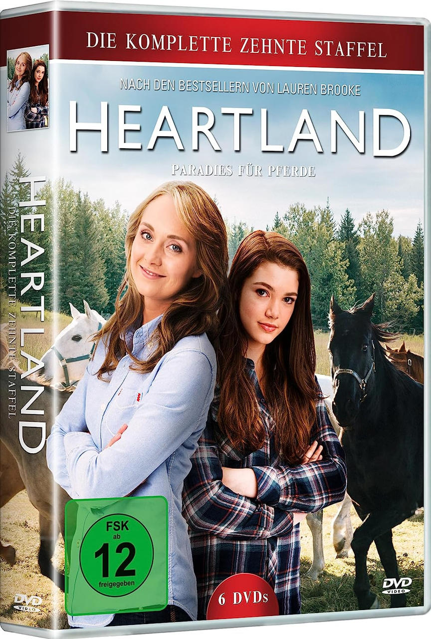 DVD-Cover für die Heartland-Serie. Zwei Frauen stehen mit Pferden vor einem Wald.
