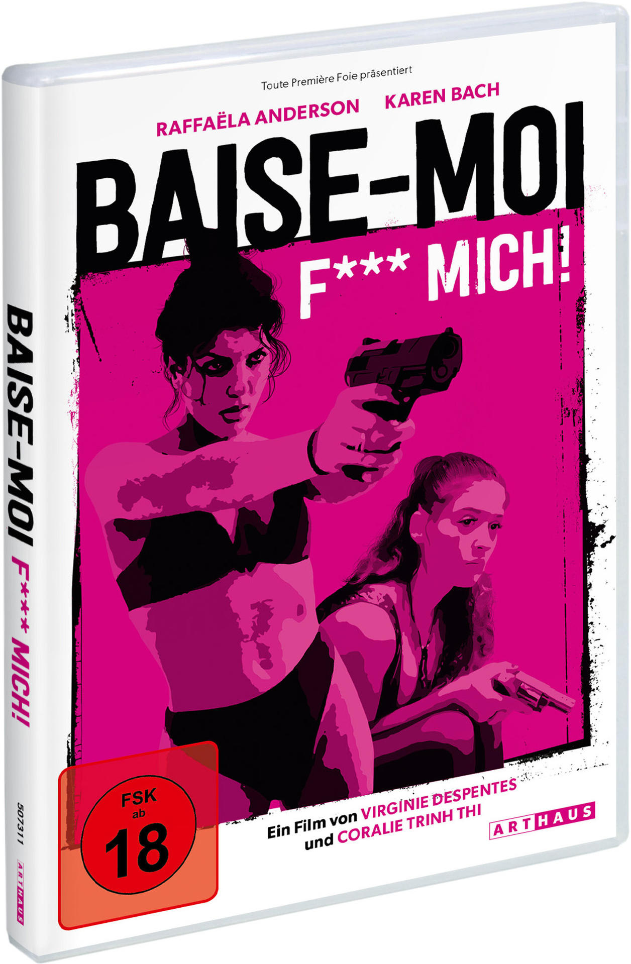 DVD-Cover. Zwei Frauen mit Waffen, Text auf pinkem Grund.