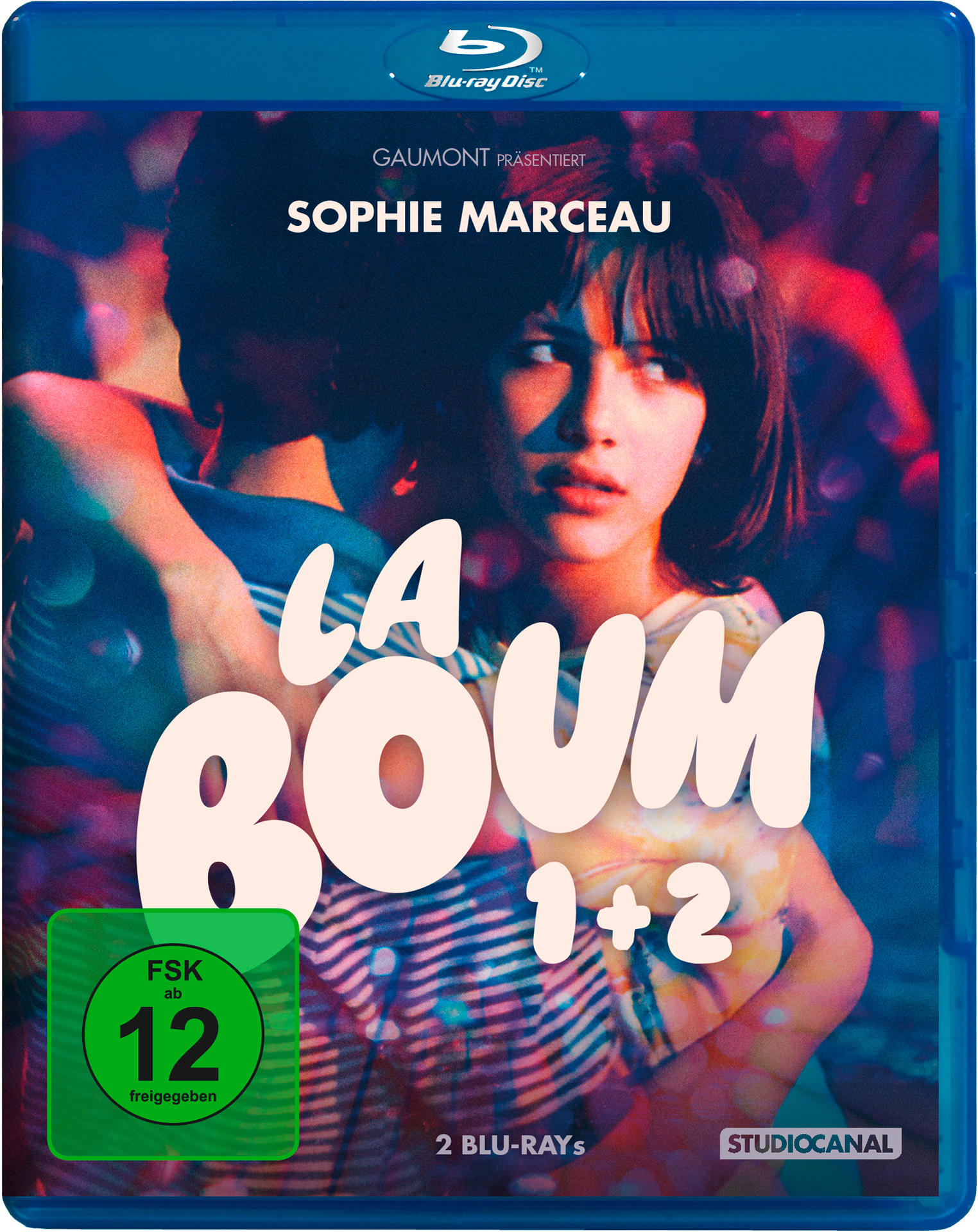 Blu-ray-Disc-Cover des Films 'La Boum 1+2' mit zwei Personen, die sich umarmen.