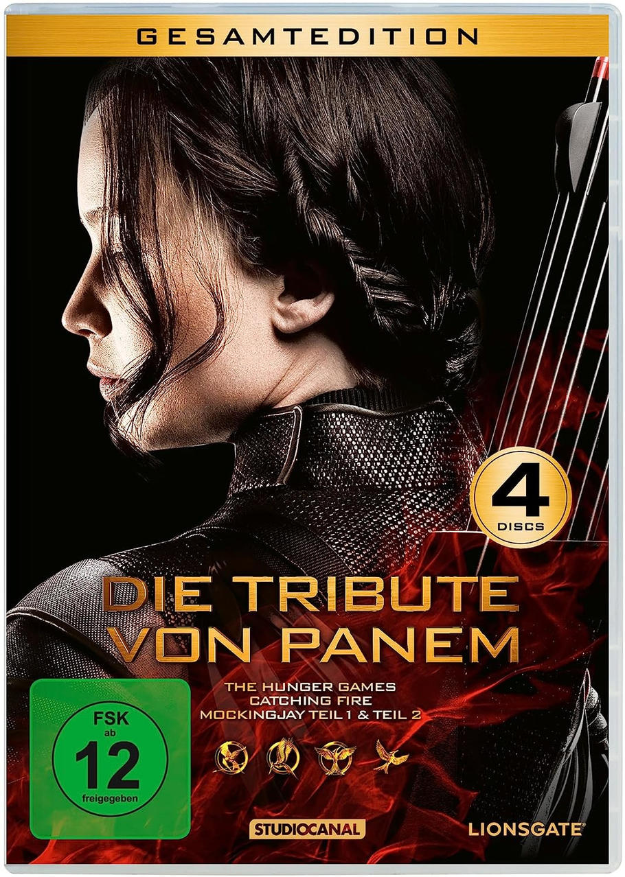 DVD-Cover von The Hunger Games: Catching Fire. Zeigt eine Frau, Bogen und feurigen Hintergrund.