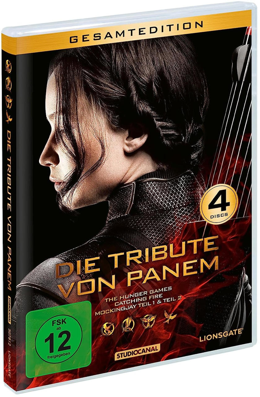 DVD-Hülle für The Hunger Games: Mockingjay Teil 1 und 2, mit einem Frauengesicht.