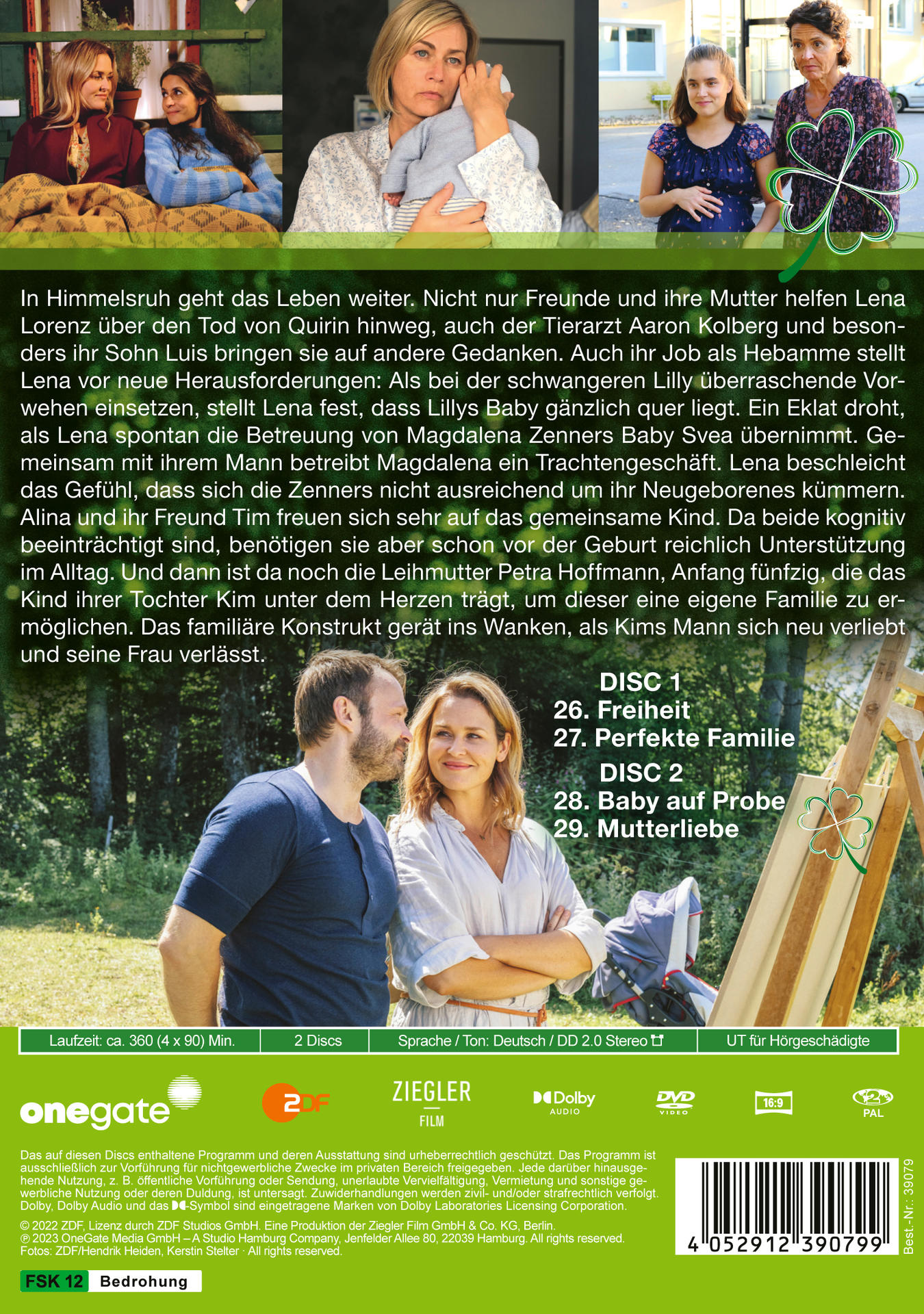 Rückseite einer DVD-Hülle mit Schauspielern, Text und einem Kleeblatt. Hintergrund zeigt Filmszenen.