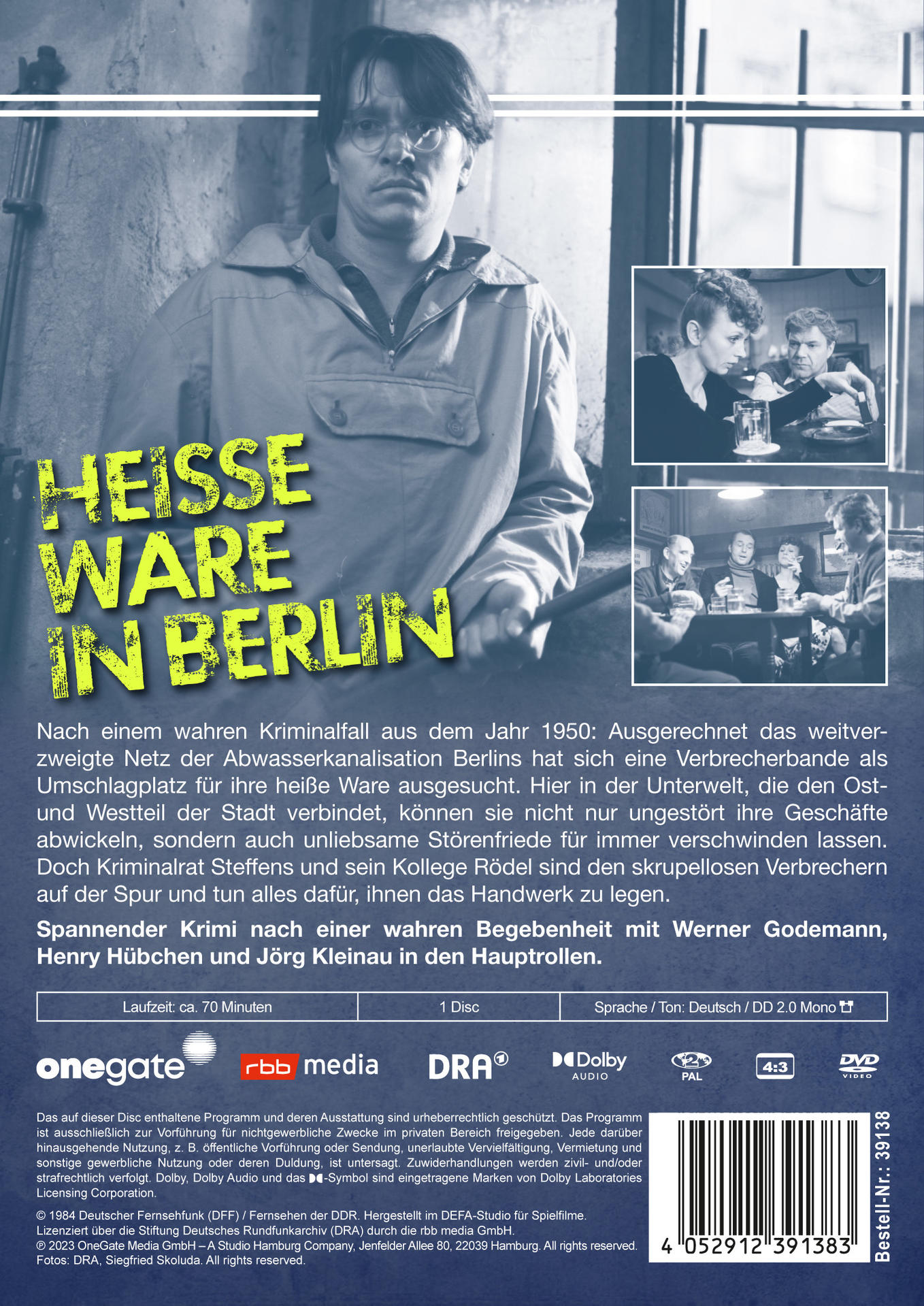 Rückseite der DVD-Hülle mit einer Filmszene und Text auf Deutsch, Titel ist Heisse Ware in Berlin.