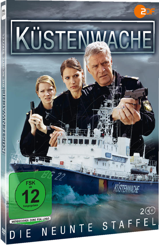 DVD-Hülle mit Schauspielern und einem Schiff, der Titel lautet 'Küstenwache: Die Neunte Staffel'.