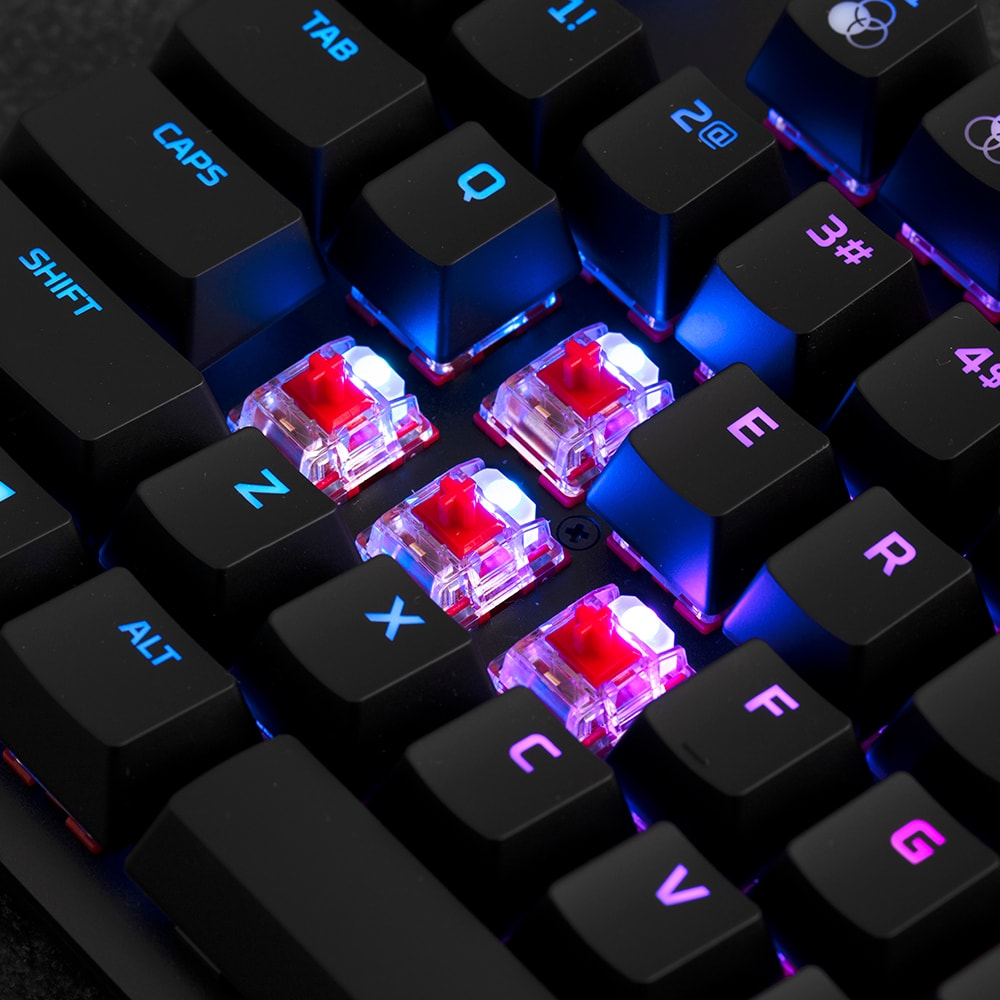 Nahaufnahme einer mechanischen Tastatur. Rote Schalter mit blauer und violetter LED-Beleuchtung.